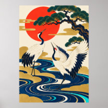 Japanese Crane Rising Sun Art Deco Poster
