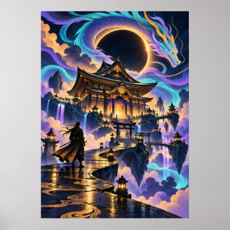 Póster Japanese Dragon Samurai Fantasy Temple Poster