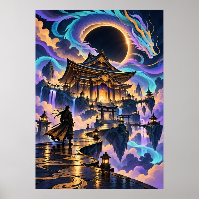 Póster Japanese Dragon Samurai Fantasy Temple Poster (Frente)