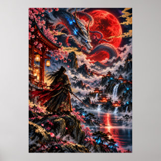 Póster Japanese Dragon Samurai Red Moon Fantasy Art