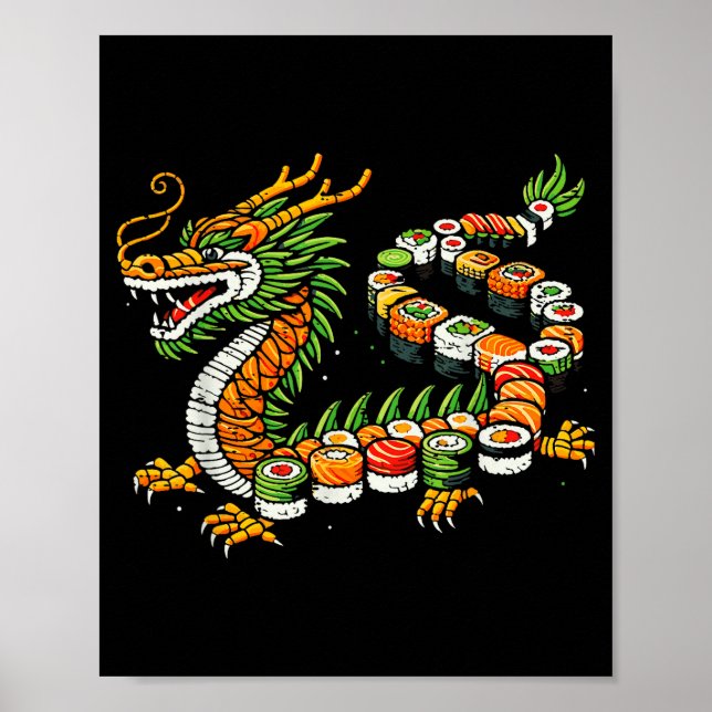 Póster Japanese Dragon Sushi Funny Japanese Food Art Men  (Frente)
