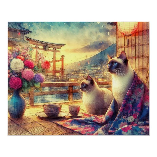 Póster Japanese flower and siamese cat (Anverso)