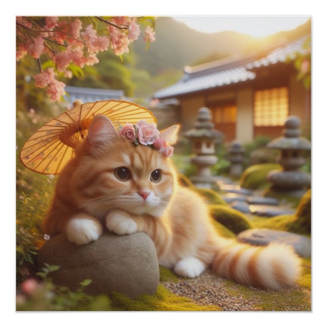 Póster Japanese flowers and orange tabby cat (Anverso)