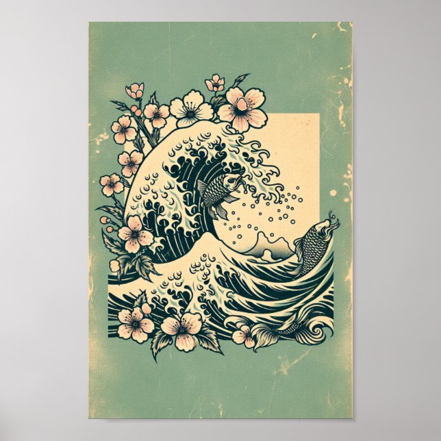 Póster Japanese Great Wave Koi Fish & Cherry Blossom Art (Frente)