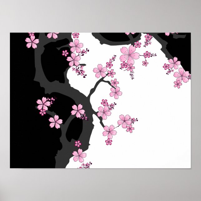 Póster Japanese Kimono Black and White Pink Sakura (Frente)