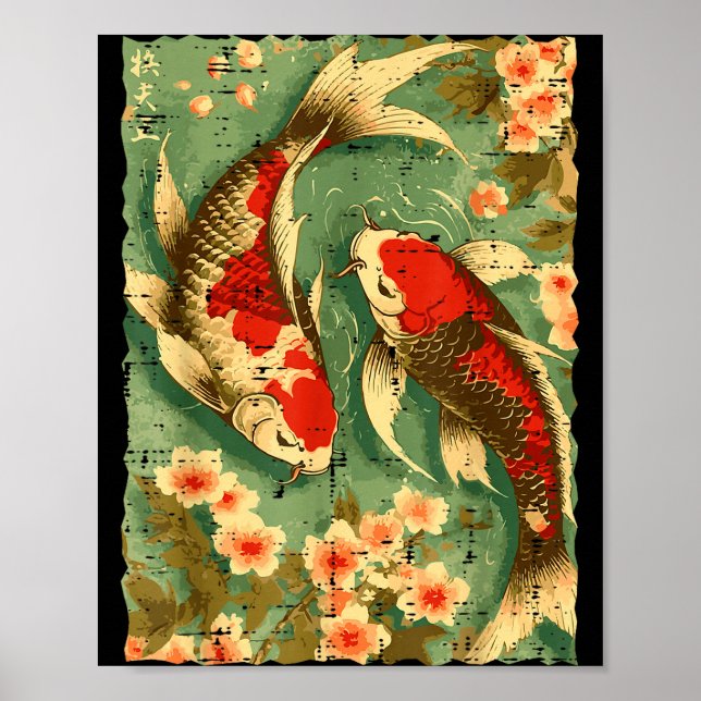 Póster Japanese Koi Fish Cherry Blossoms Sakura Art Men W (Frente)