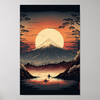 Póster Japanese Mountain, lake and fishermen Ukiyo e
