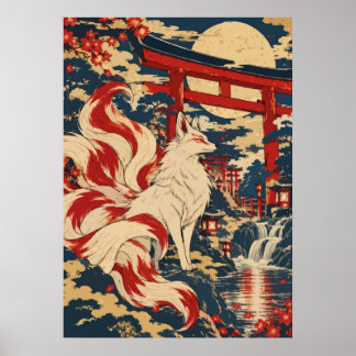 Póster Japanese Nine Tailed Fox Kitsune Shrine Moon Art