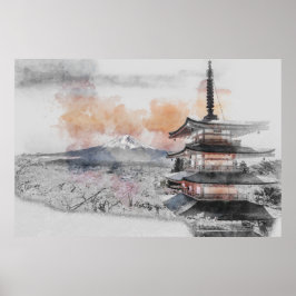 Póster Japanese Pagoda with Mount Fuji – Minimalist 
