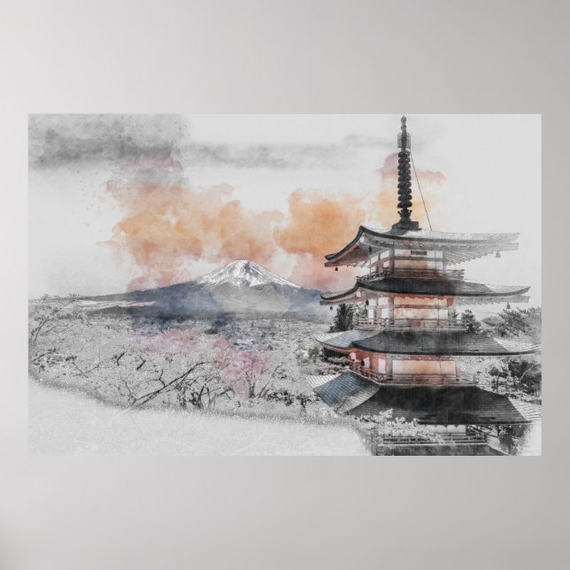 Póster Japanese Pagoda with Mount Fuji – Minimalist  (Frente)