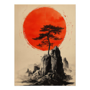 Póster Japanese Pine Tree & Red Sun   Minimalist Zen Art