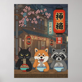Póster Japanese Ramen cat dog Raccoon Animal Art Noodles