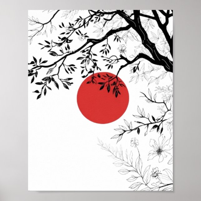 Póster Japanese Red Sun & Brush Tree Art (Frente)