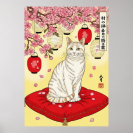 Póster Japanese Sakura Cat Art Red Cushion Lanterns