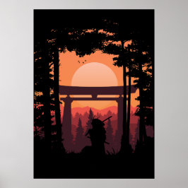 Póster Japanese Samurai In Sunset