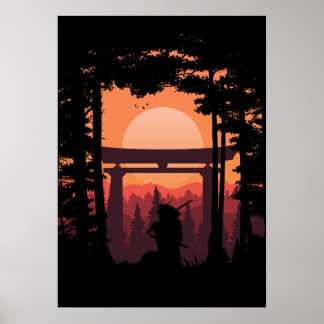 Póster Japanese Samurai In Sunset