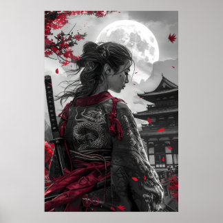 Póster Japanese samurai woman with tattoo under full moon