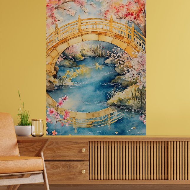 Póster Japanese-style arched bridge spans a tranquil rive (Salón 2)