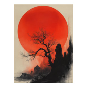 Póster Japanese Sunrise   Zen Landscape with Red Sun