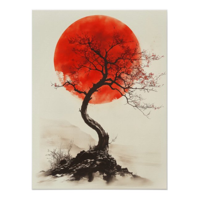 Póster Japanese Sunset Tree - Red Sun Silhouette Art (Anverso)