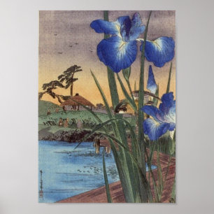 Póster Japanese vintage ukiyo-e blue iris and bird scene