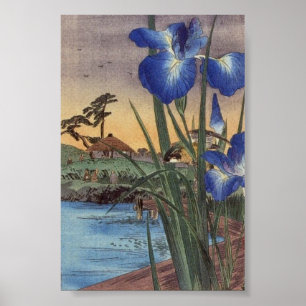 Póster Japanese vintage ukiyo-e blue iris and bird scene