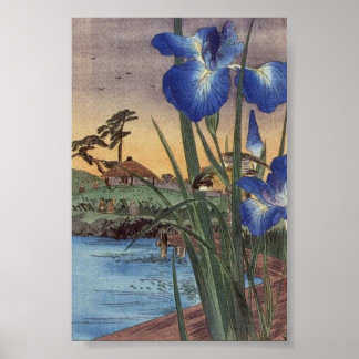 Póster Japanese vintage ukiyo-e blue iris and bird scene