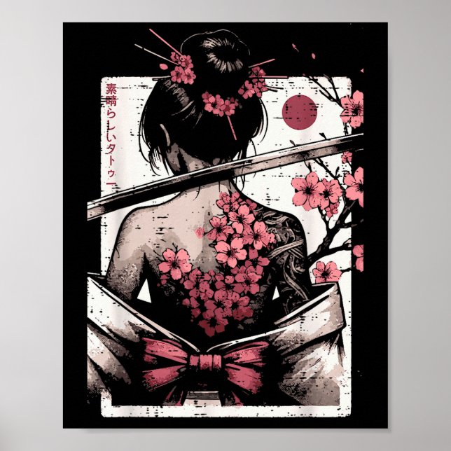 Póster Japanese Woman Cherry Blossom Tattoo Art Geisha Wo (Frente)