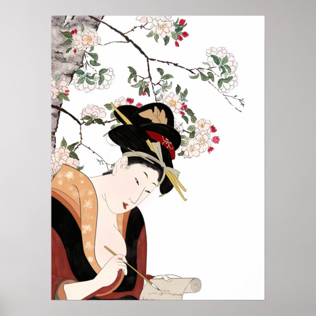 Póster Japanese woodblock woman portrait woman writing  (Frente)