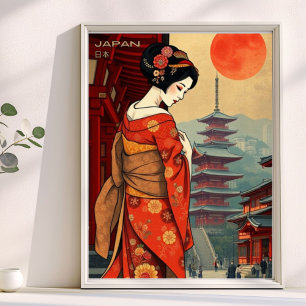 Póster Japón 日 本 geisha pagoda retro vintage