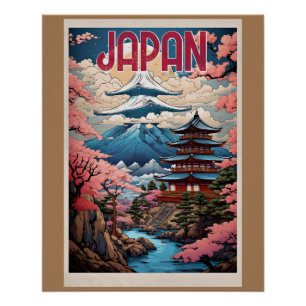Póster Japón, flores de cerezo,