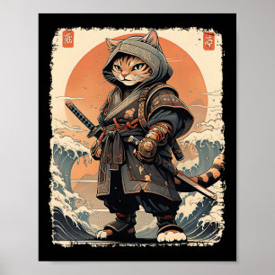 Póster Japón: Gato de Samurai Katana, guerrero de artes c