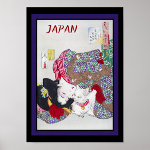 Póster Japón: Gato y Kimono Bella Artes de Viajes