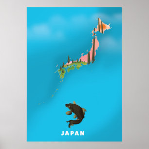 Póster Japón Ilustración de carteles de viaje en mapas.
