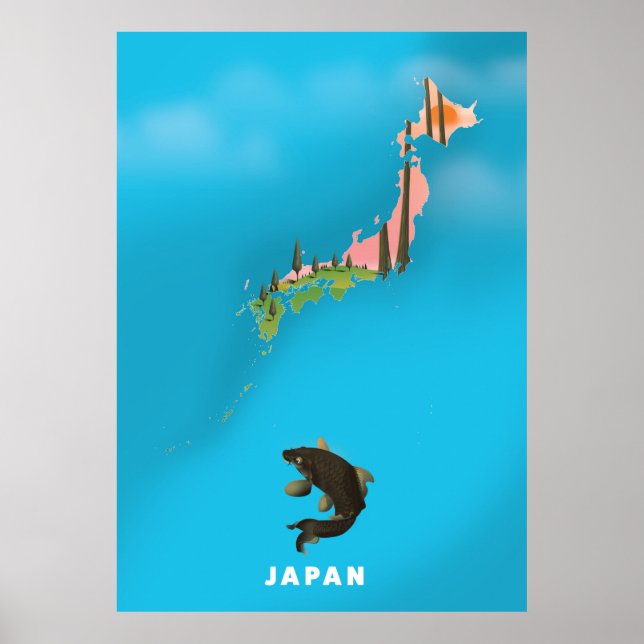 Póster Japón Ilustración de carteles de viaje en mapas. (Frente)