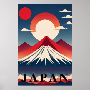 Póster Japón Monte Fuji Geométrico Viaje Sol Rojo