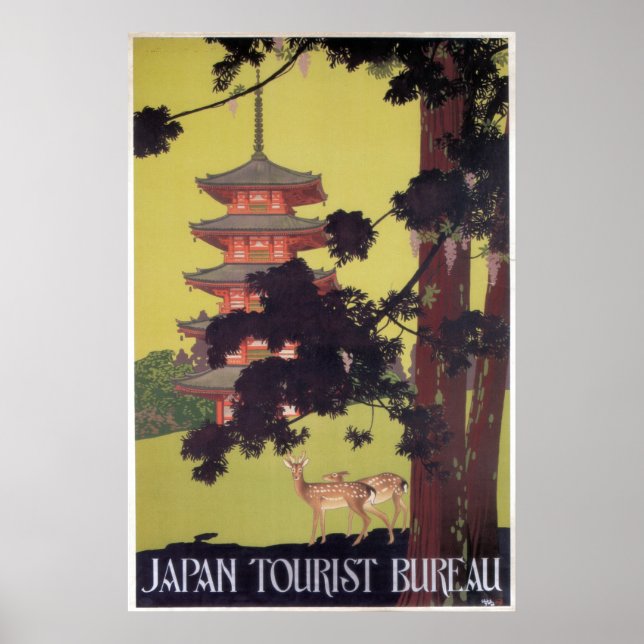 Póster Japón Viaje ventilado venado y templo (Frente)