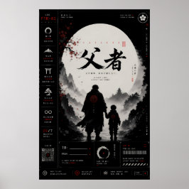 Póster japonés de padre e hijo samurái