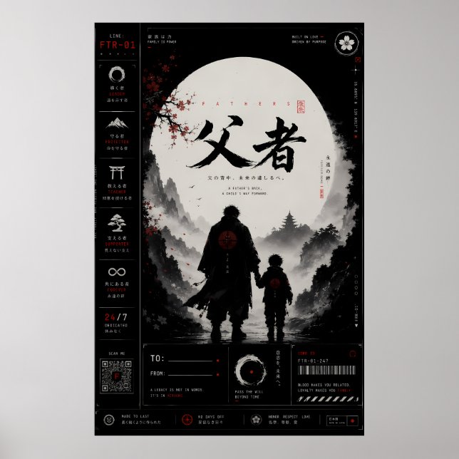 Póster japonés de padre e hijo samurái (Frente)