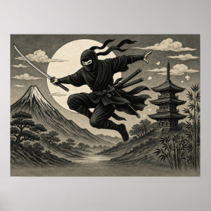 Póster japonés ninja luna llena Fuji