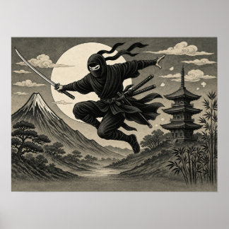 Póster japonés ninja luna llena Fuji