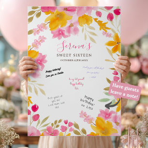 Póster Jardín amarillo rosa floral Sweet 16 Signing Board