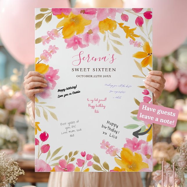 Póster Jardín amarillo rosa floral Sweet 16 Signing Board (Garden yellow pink floral Sweet 16 Signing Board Poster)