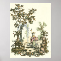 Jardín asiático con mujeres y animales