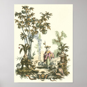 Póster Jardín asiático con mujeres y animales