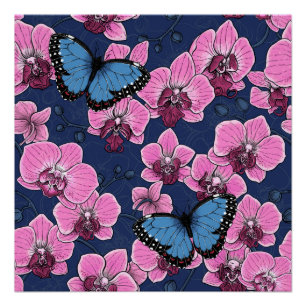 Póster Jardín Botánico de Orquídeas con Mariposas