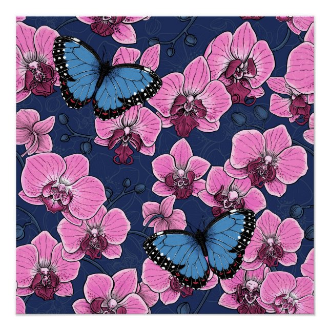 Póster Jardín Botánico de Orquídeas con Mariposas (Anverso)