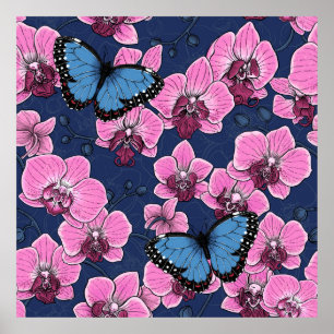 Póster Jardín Botánico de Orquídeas con Mariposas