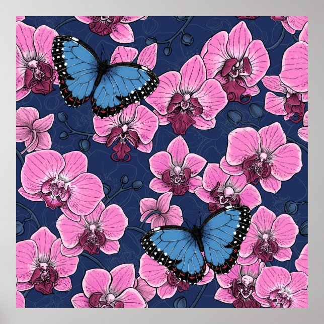 Póster Jardín Botánico de Orquídeas con Mariposas (Frente)