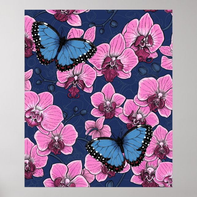 Póster Jardín Botánico de Orquídeas con Mariposas (Frente)